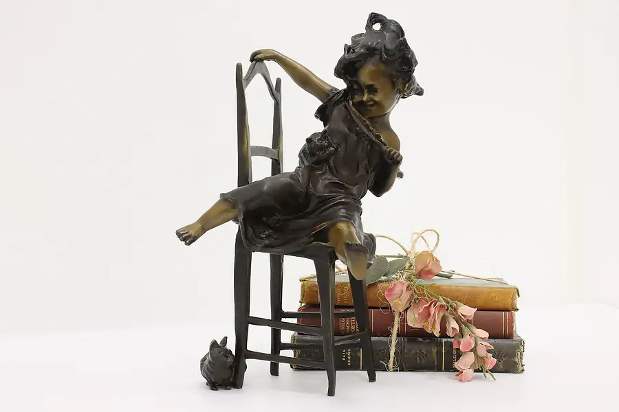 Main image of Art Nouveau Antique Bronze Girl & Kittens Sculpture, Clara