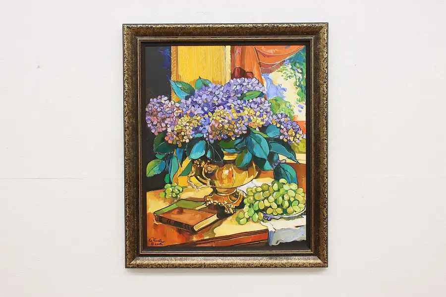 Main image of Hydrangeas Still Life Vintage Original Painting Rush 47"
