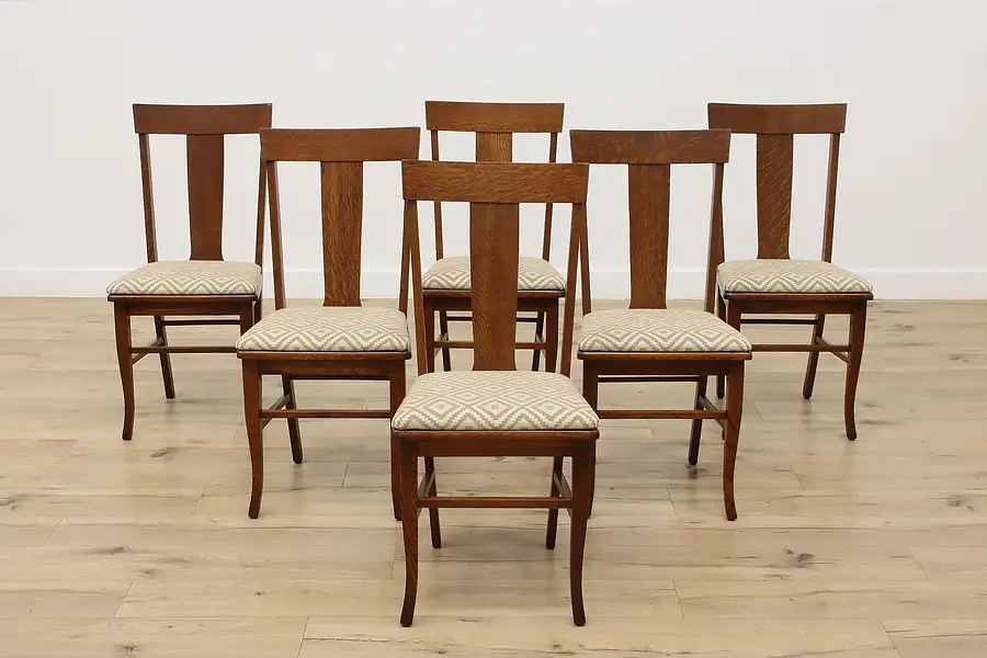 Main image of Set of 6 Craftsman Antique Oak Dining Game Chairs New Fabric