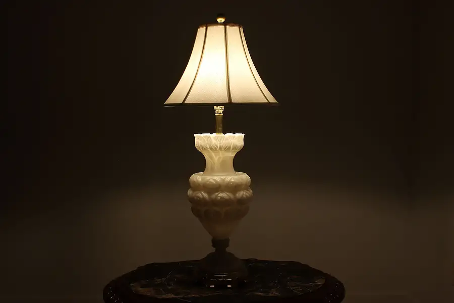 Main image of Carved Alabaster Roses & Brass Vintage Spanish Lamp