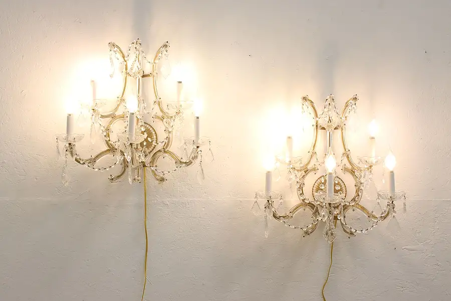 Main image of Pair of Vintage Marie Theresa 5 Candle Crystal Wall Sconces