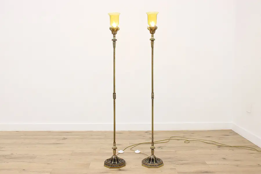 Main image of Pair Antique Tudor Lantern Floor Lamps Amber Shades