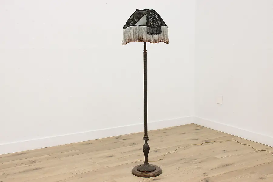 Main image of Traditional Vintage Bronze Finish Floor Lamp, Lace Shade