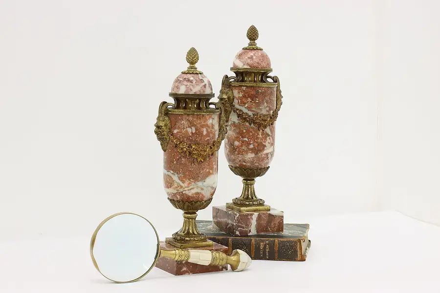 Main image of Pair of French Antique Bronze & Rouge Marble Mantel Urns