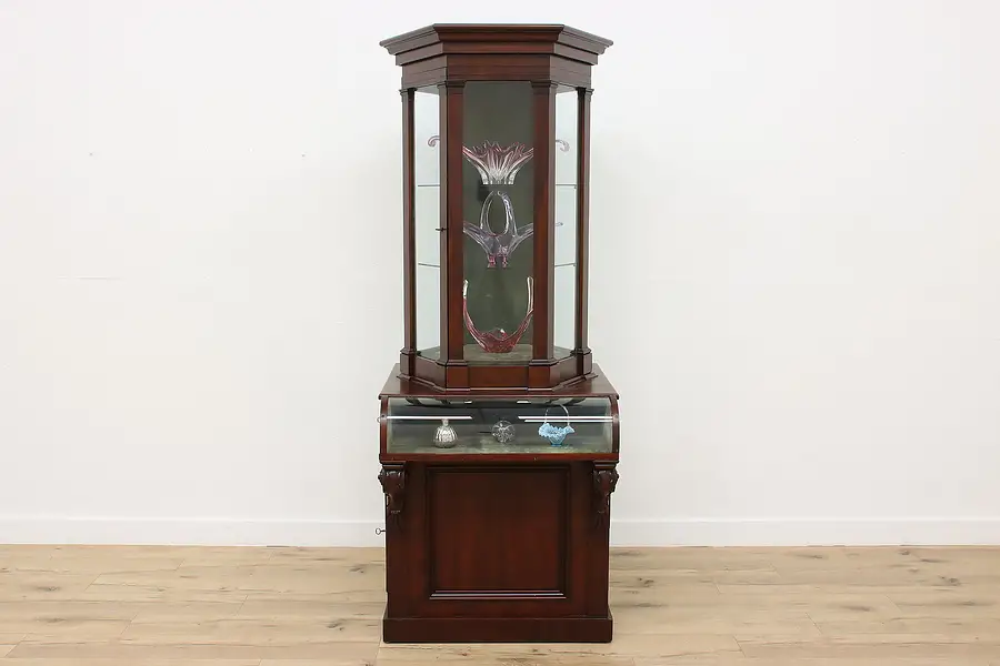 Main image of Victorian Antique Mahogany & Glass Museum Jewelry Showcase