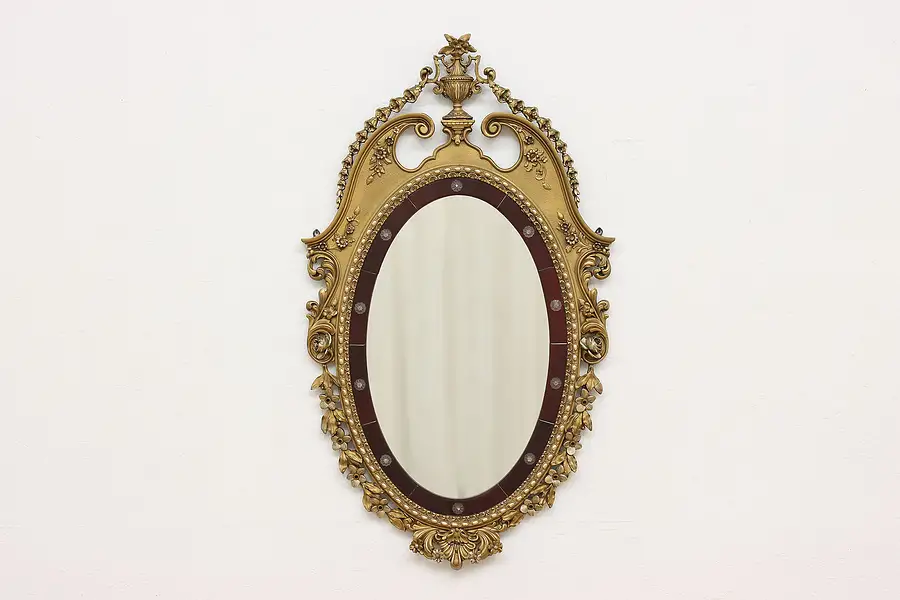 Main image of French Vintage Carved Wall Mirror Ruby Glass, Flowers