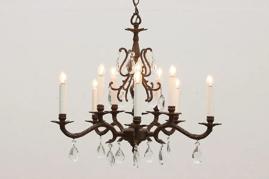 Main image of French Vintage Dark Brass & Crystal Prisms Chandelier
