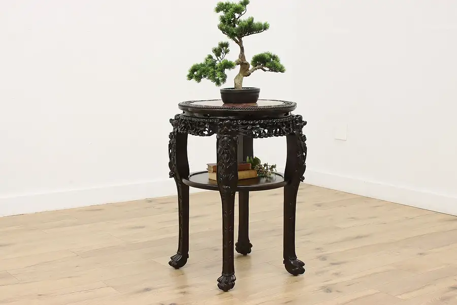 Main image of Chinese Antique Carved Rosewood Pedestal Stand, Marble Top