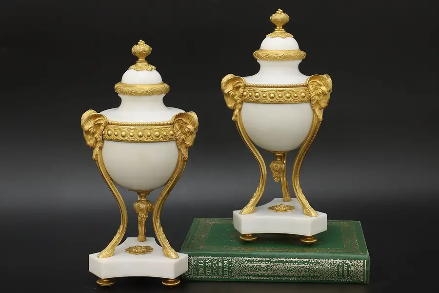 Main image of Pair of French Antique Marble & Gilt Bronze Mantel Urns