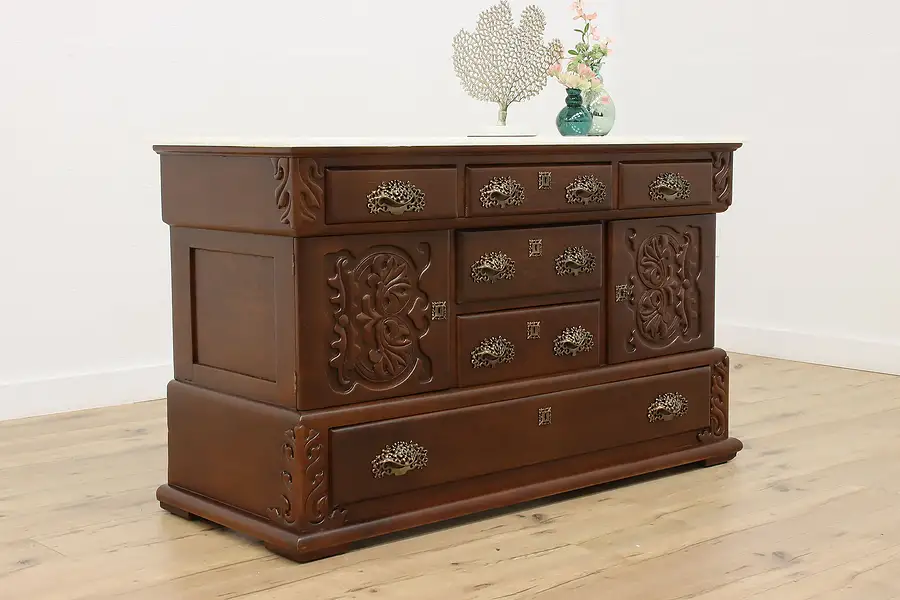 Main image of Victorian Antique Carved Oak Sideboard or Console, Onyx Top