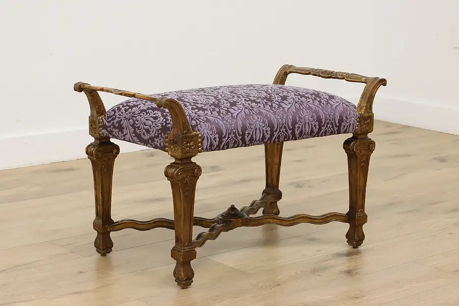 Main image of Italian Antique Carved Gilt Hall Boudoir Bench New Fabric