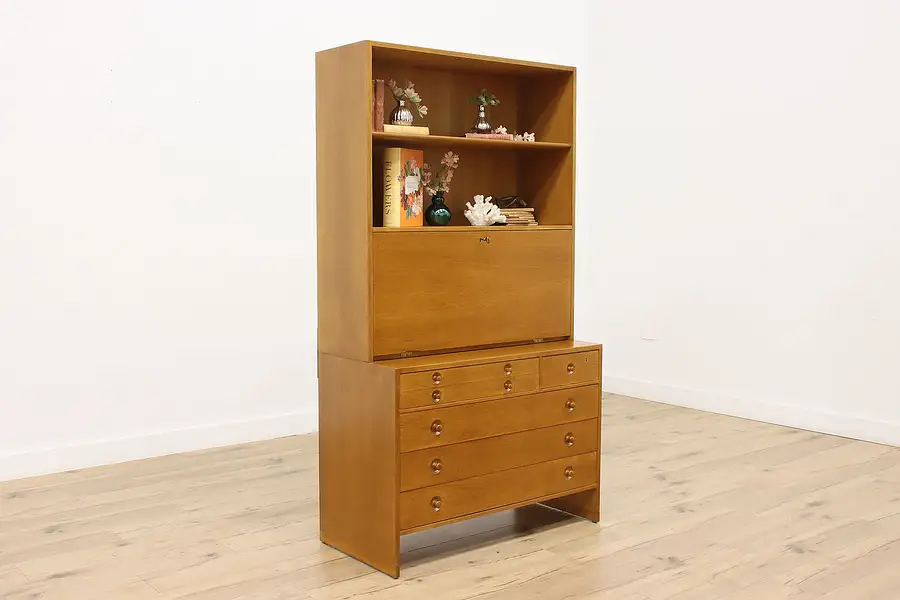 Main image of Midcentury Modern Vintage Oak Library Bookcase & Desk, RY