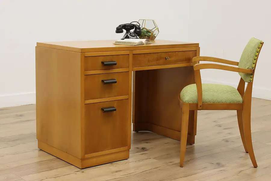 Main image of Art Deco Vintage Maple & Birch Office Library Desk & Chair