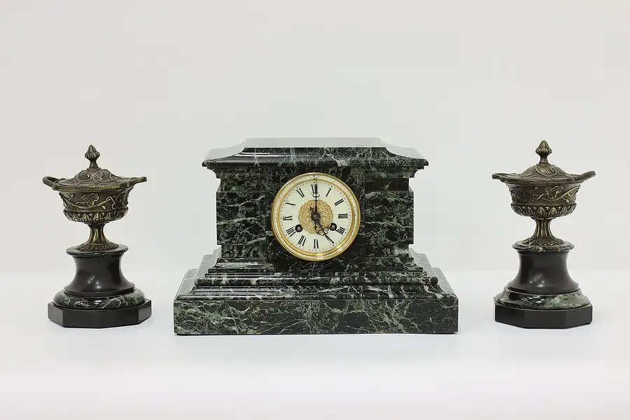 Main image of French Antique 3 Pc Marble Bronze Mantel Clock Set Barrard