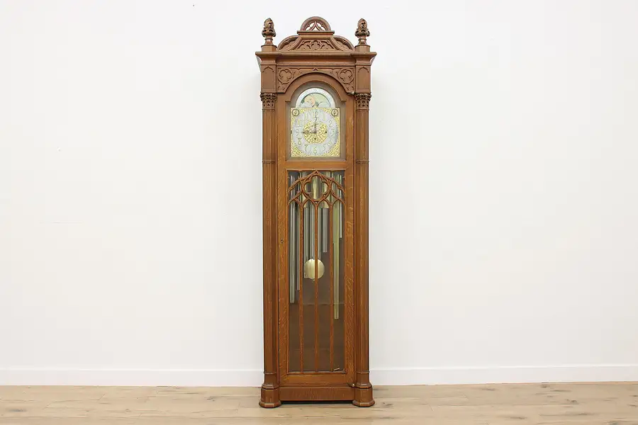 Main image of Victorian Gothic Oak Grandfather Tube Chime Tall Clock Royal