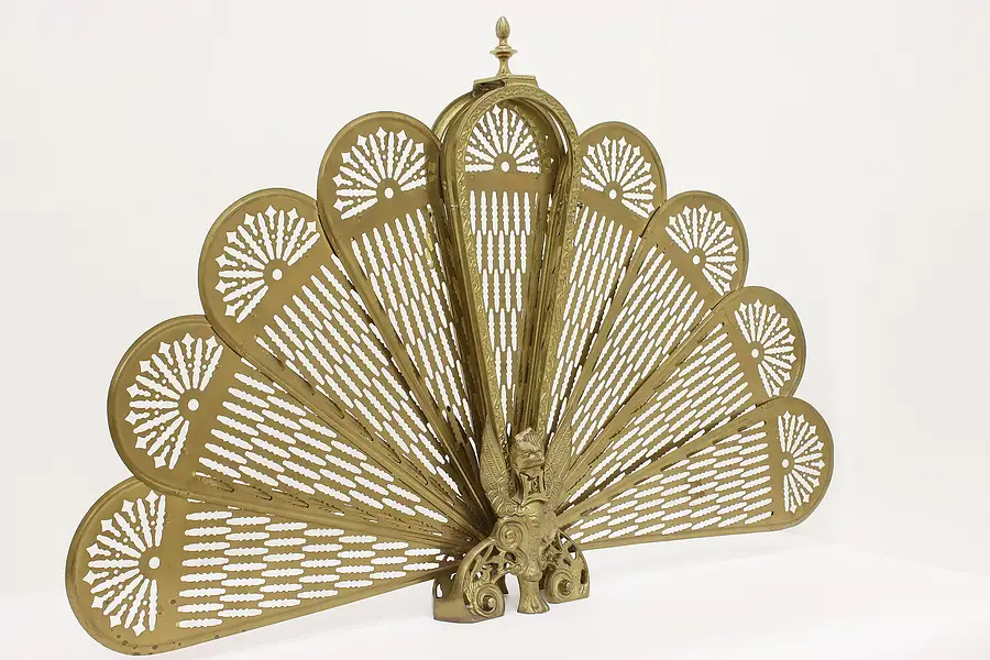 Main image of Victorian Revival Vintage Brass Peacock Fireplace Fan Screen