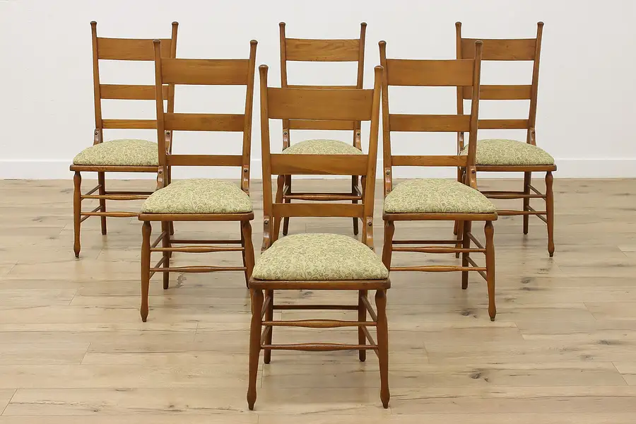 Main image of Set of 6 Farmhouse Antique Elm Dining Chairs, New Fabric