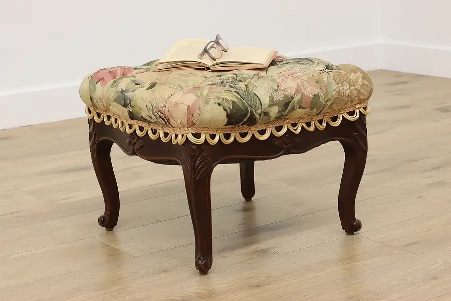Main image of Victorian Antique Carved Mahogany Footstool,Tufted Fabric