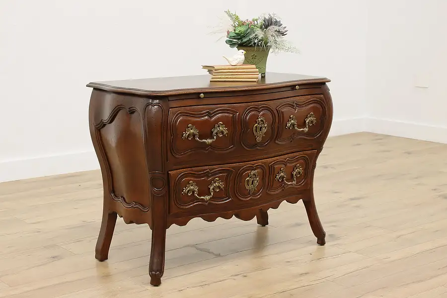 Main image of Country French Vintage Carved Walnut Bombe Chest or Dresser