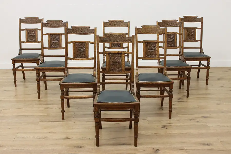 Main image of Set 8 Eastlake Victorian Antique Oak & Leather Dining Chairs