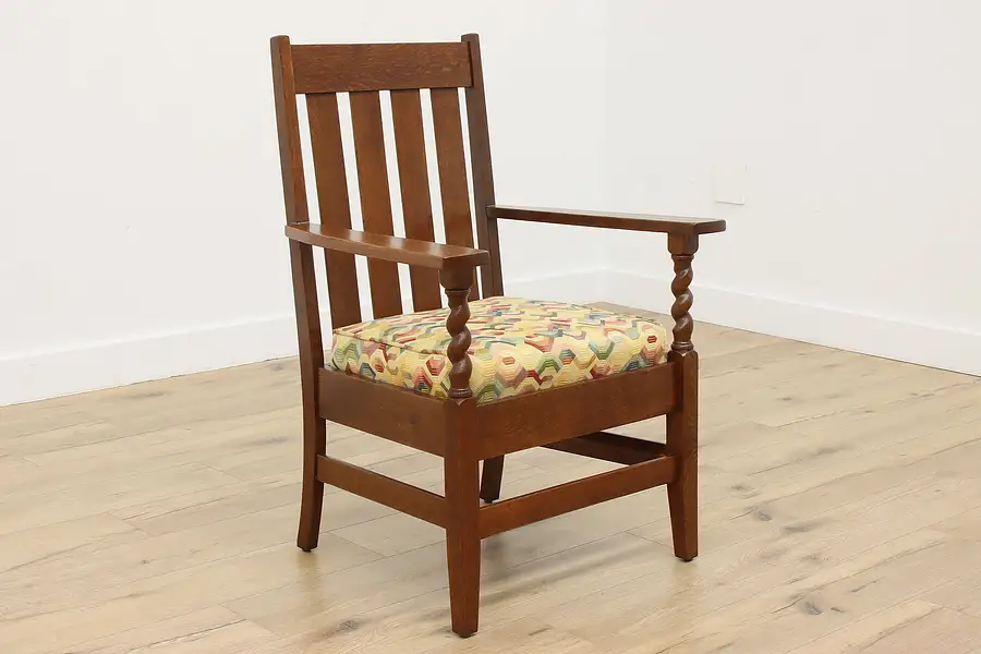 Main image of Victorian Antique Carved Oak Craftsman Chair w/ Upholstery