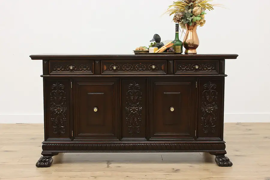 Main image of Renaissance Antique Carved Mahogany Buffet or Bar Paw Feet