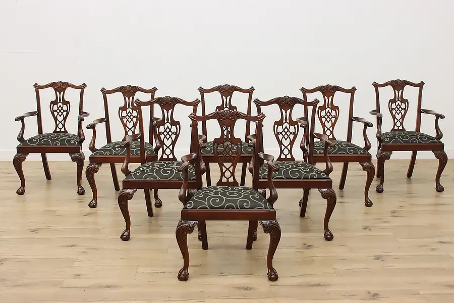Main image of Set of 8 Georgian Vintage Carved Mahogany Dining Armchairs