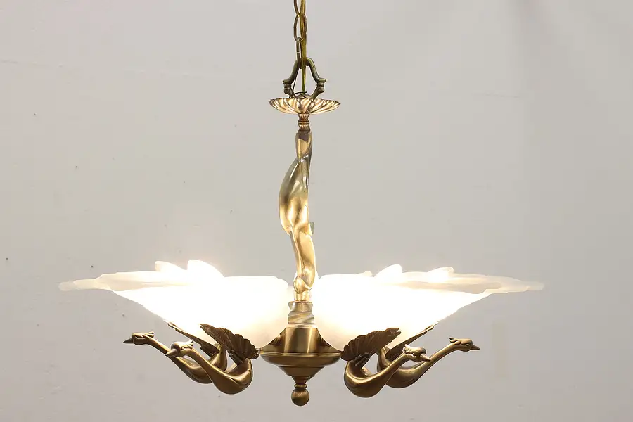 Main image of Art Deco Vintage Frosted Glass Shade Peacock Chandelier