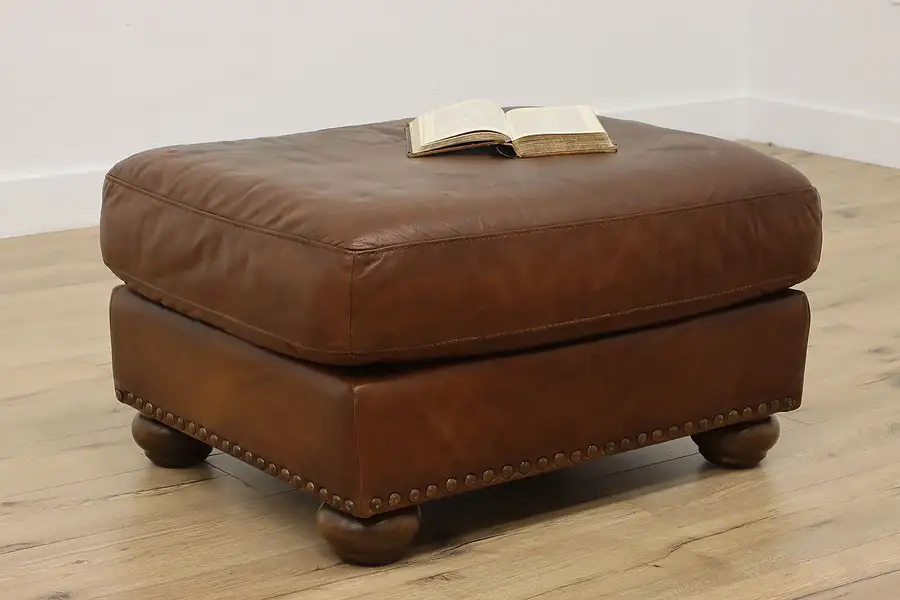 Main image of Traditional Vintage Brown Leather Ottoman or Boudoir Bench