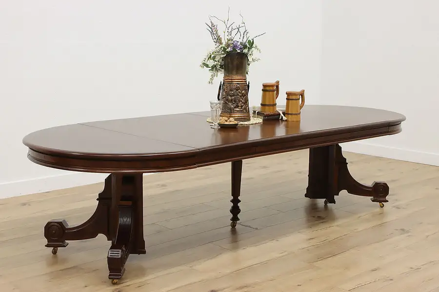 Main image of Victorian Eastlake Antique Walnut Dining Table, 4 Leaves