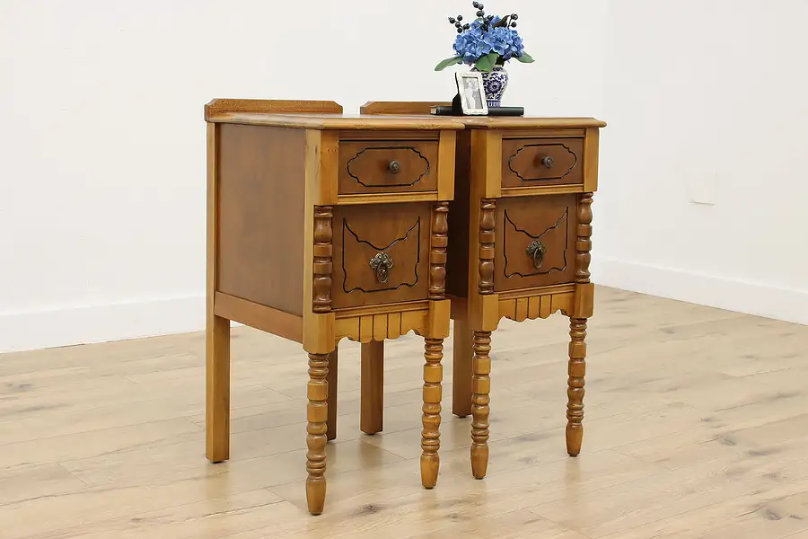 Main image of Pair of Tudor Vintage Carved Walnut Nightstands Side Tables