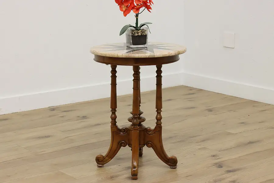 Main image of Victorian Vintage Mosaic Marble Top & Carved Teak End Table