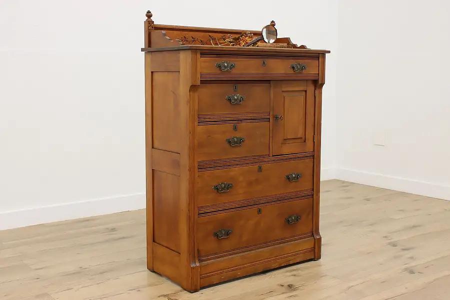 Main image of Victorian Antique Carved Birch Dresser or Chest, Flowers