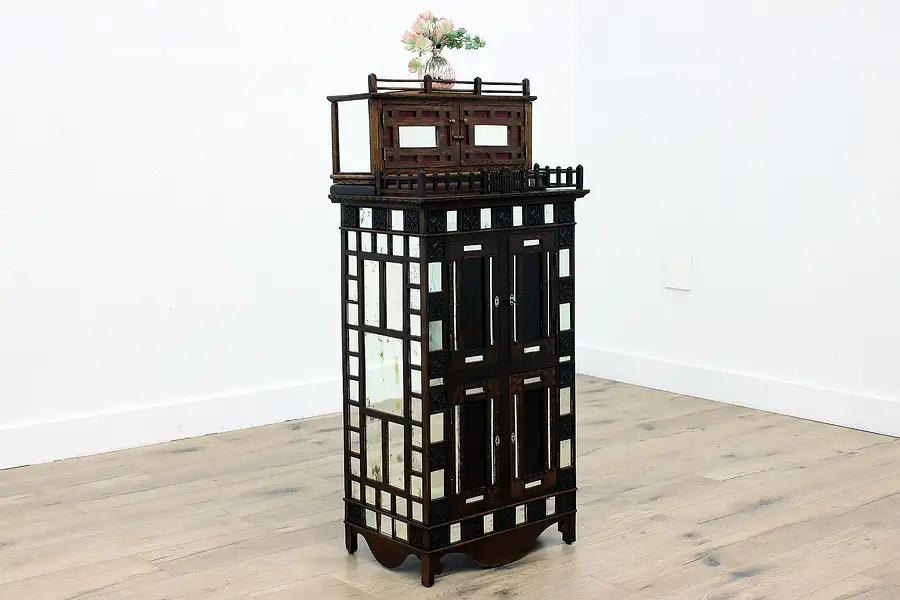 Main image of Tramp Art Antique Oak & Mirror Display or Trinket Cabinet