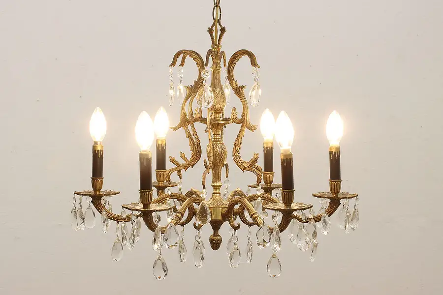 Main image of Italian Vintage 6 Candle Brass Chandelier, Prisms