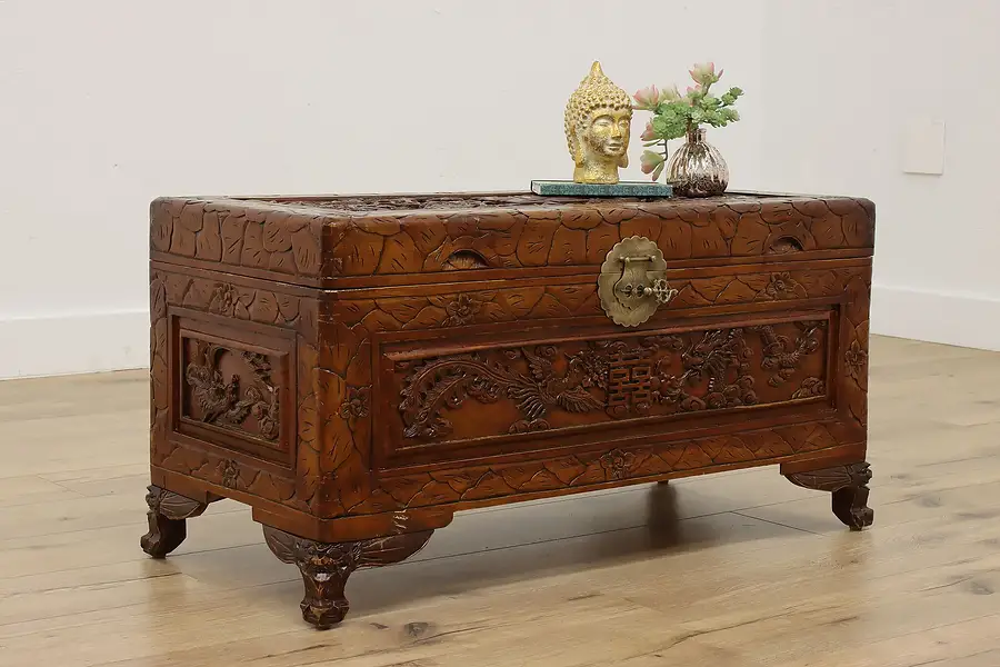 Main image of Chinese Carved Camphor Vintage Coffee Table & Chest, Dragons