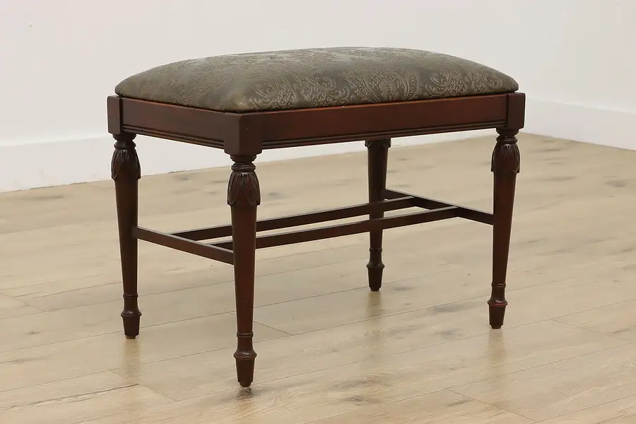 Main image of French Design Antique Carved Birch Bench, New Leather