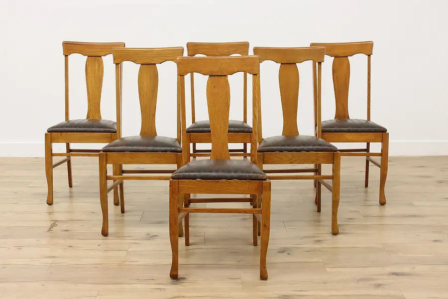 Main image of Set of 6 Antique Oak & Embossed Leather Dining Game Chairs