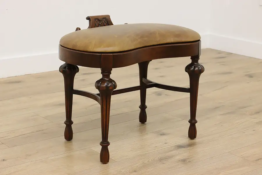 Main image of French Design Antique Carved Walnut & Leather Boudoir Bench