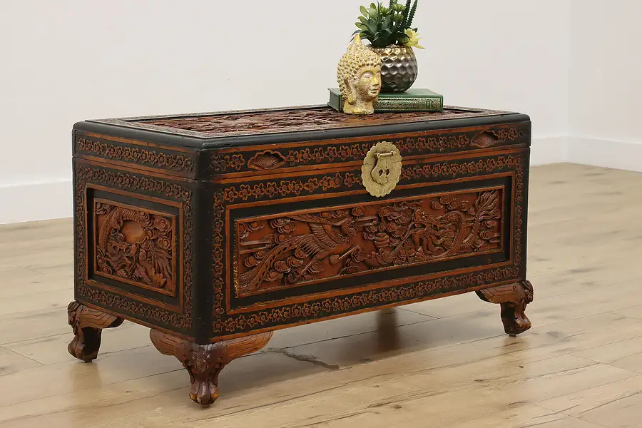 Main image of Chinese Carved Dragons & Peacocks Blanket Chest or Trunk