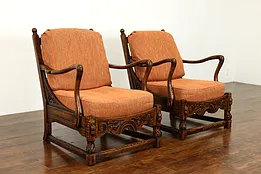 Pair English Tudor Carved Oak Club Chairs, New Upholstery, Kittinger #39947
