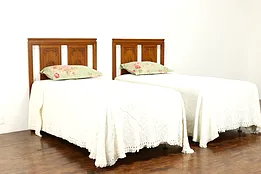 Pair of Chinese Carved Teak Vintage Twin Beds, Fit King Size #39432