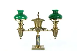 Victorian Antique Brass Double Student Desk Oil Lamp, Emerald Shades #39478