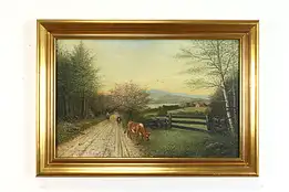 Bringing the Cows Home Original Antique Oil Painting, Addison 29.5" #39290