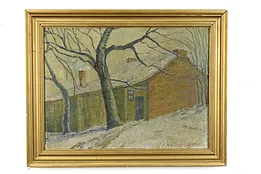 Rustic Cabin in Winter Original Antique Oil Painting, Spencer 28" #39292