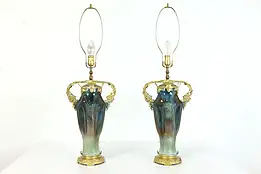 Pair of French Art Nouveau Design Vintage Porcelain & Brass Mounted Lamps #39477