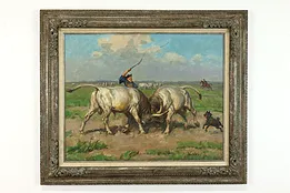 Cowboy & White Bulls Vintage Original Oil Painting, Viski 38.5" #39491