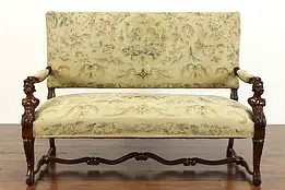 Italian Renaissance Antique Walnut Loveseat or Small Sofa, Carved Figures #39836