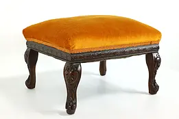 Traditional Vintage Carved Birch Footstool, Velvet Upholstery #39355