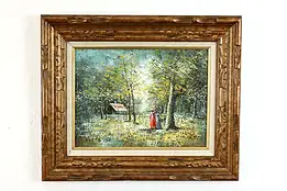 Forest with Women & Cottage Vintage Original Oil Painting, Hertz 23.5" #39383